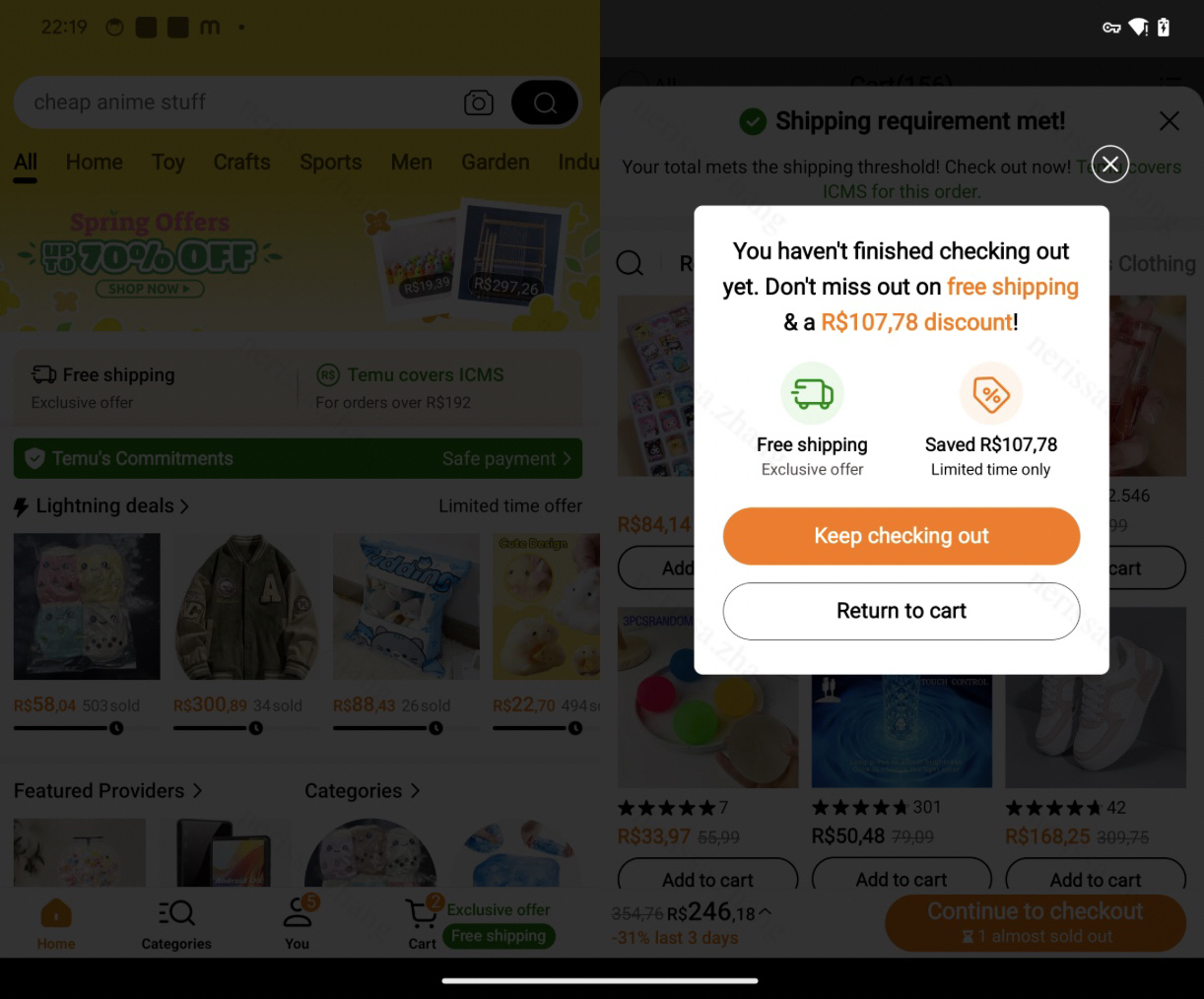 Customised shopping cart reminder with dialog full-screen dim in Temu